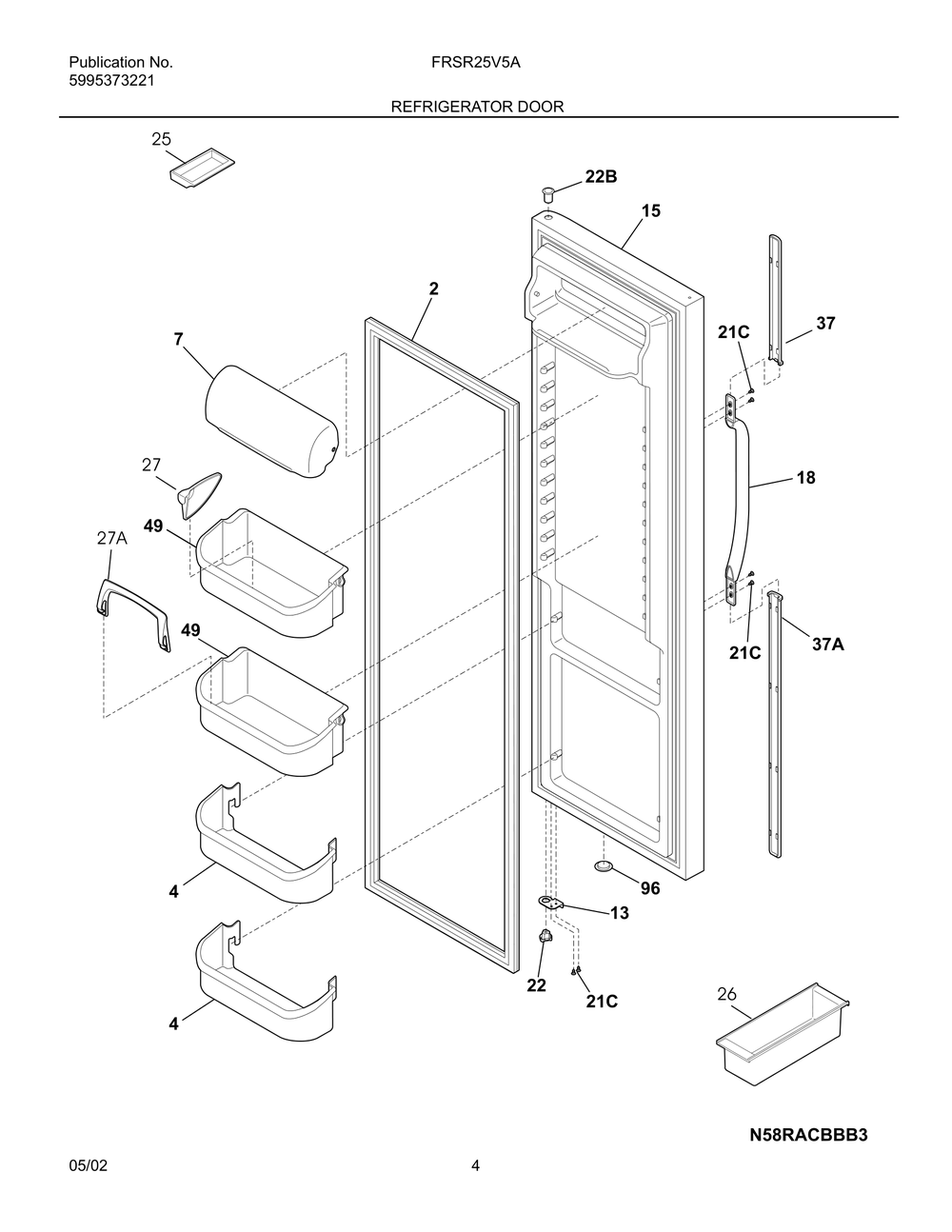 Refrigerator Door Diagram and Parts List for FRSR25V5AQ1  Frigidaire Refrigerator