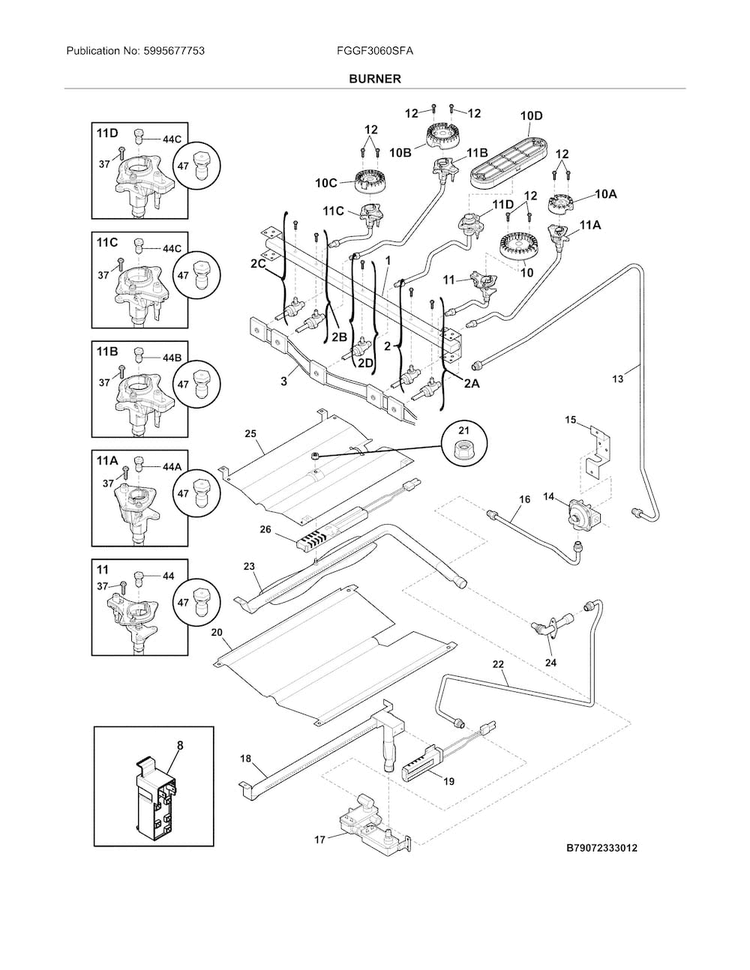 Burner Diagram and Parts List for FGGF3060SFA  Frigidaire Range