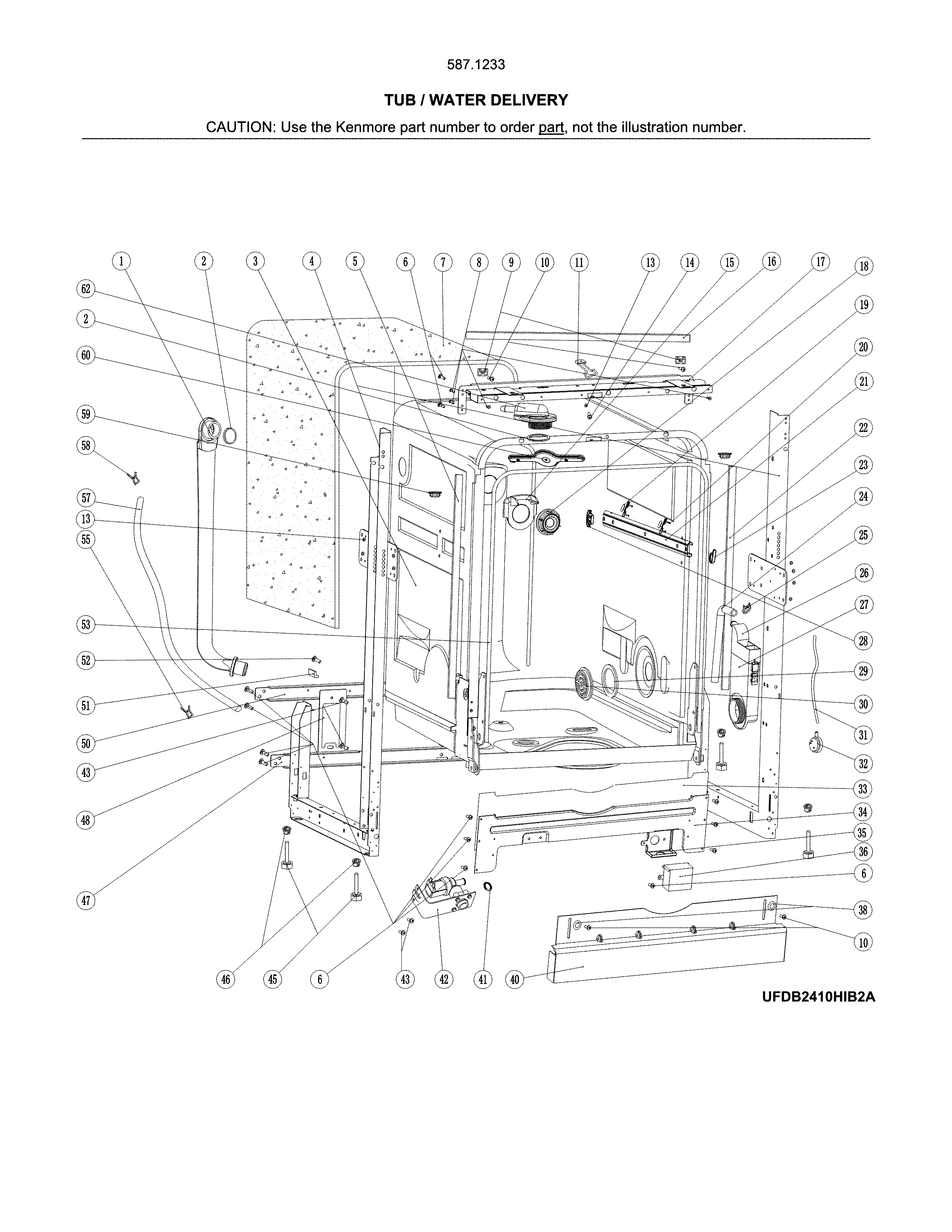 Tub/water Delivery Diagram and Parts List for 58712339F01B  Kenmore Dishwasher