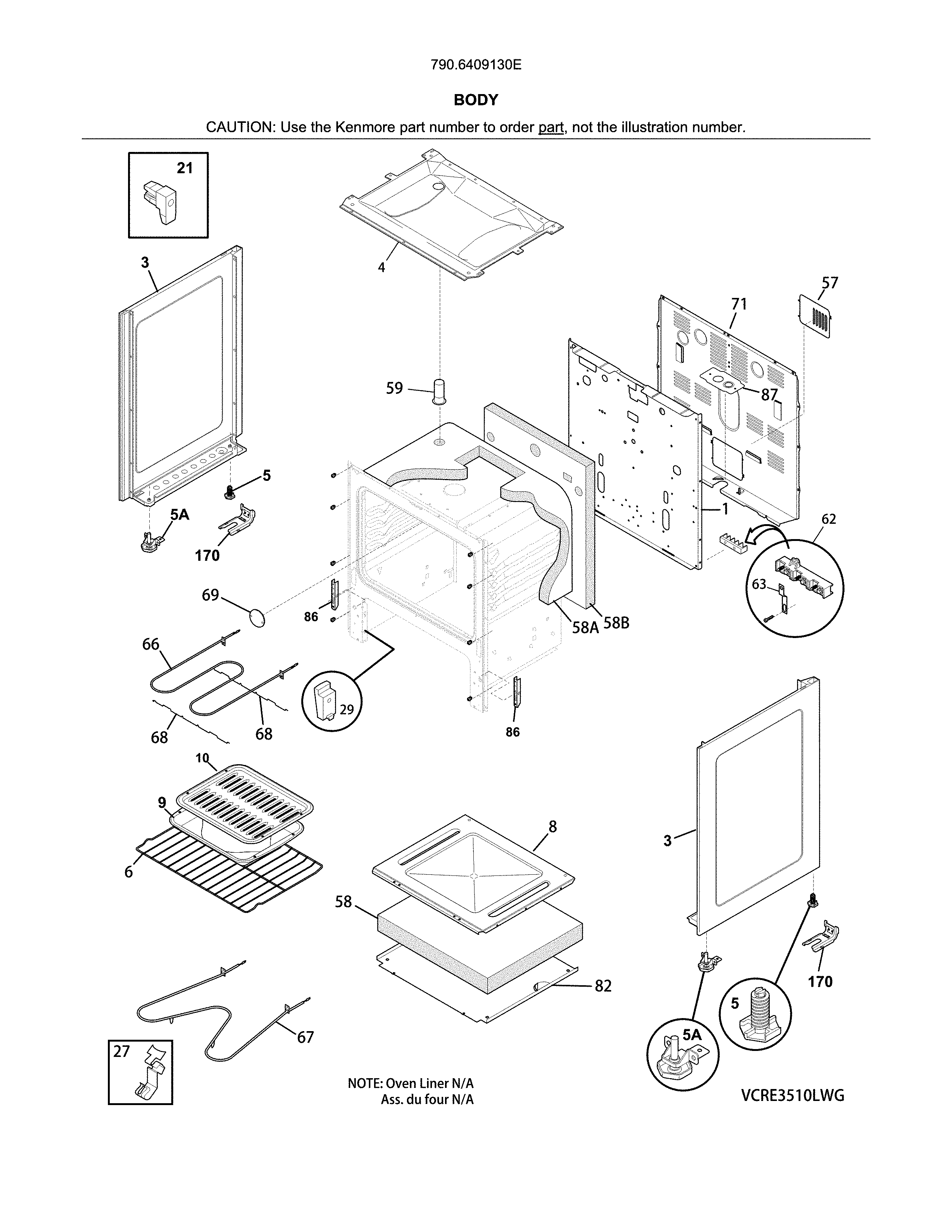 Body Diagram and Parts List for 7906409130E  Kenmore Range
