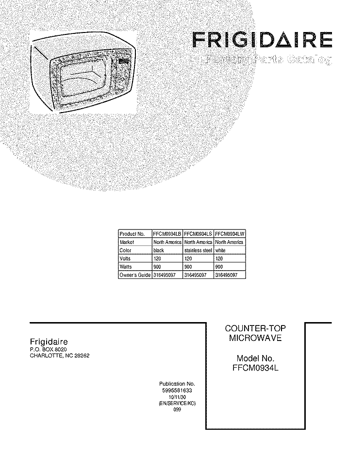 COVER Diagram and Parts List for FFCM0934LS  Frigidaire Microwave