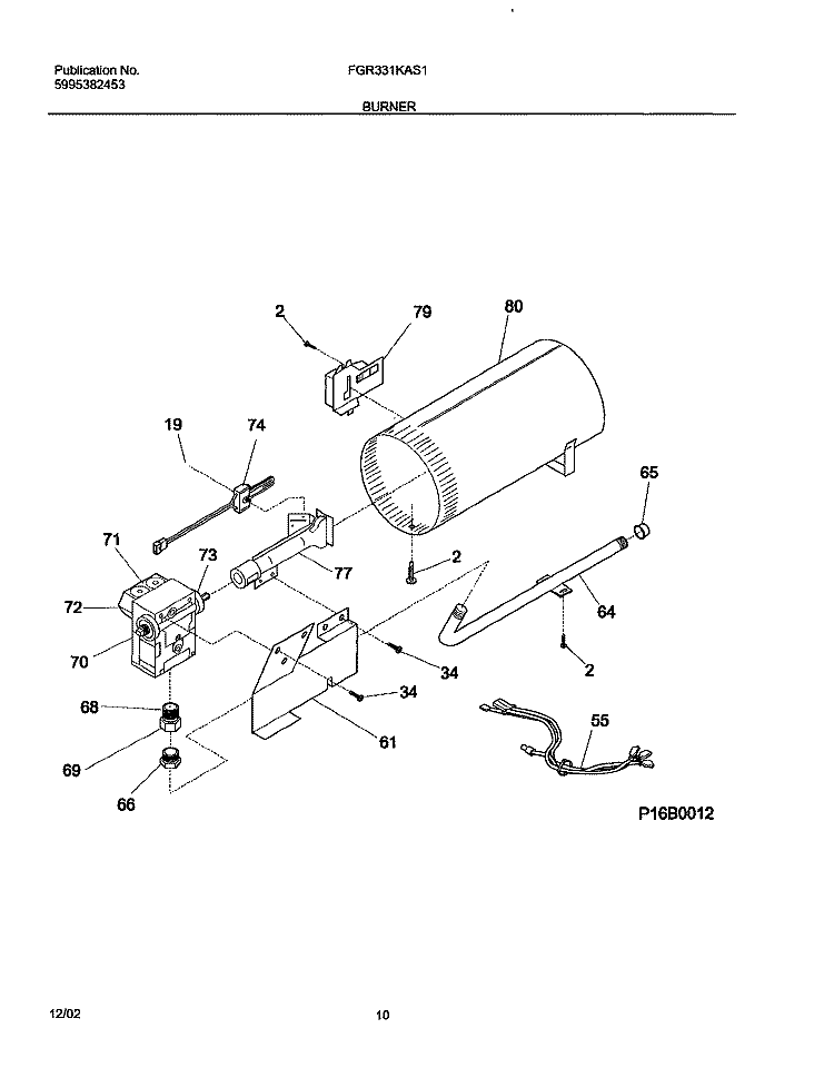 BURNER Diagram and Parts List for FGR331KAS1  Frigidaire Dryer