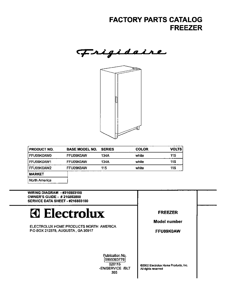 COVER Diagram and Parts List for FFU09K0AW2  Frigidaire Freezer