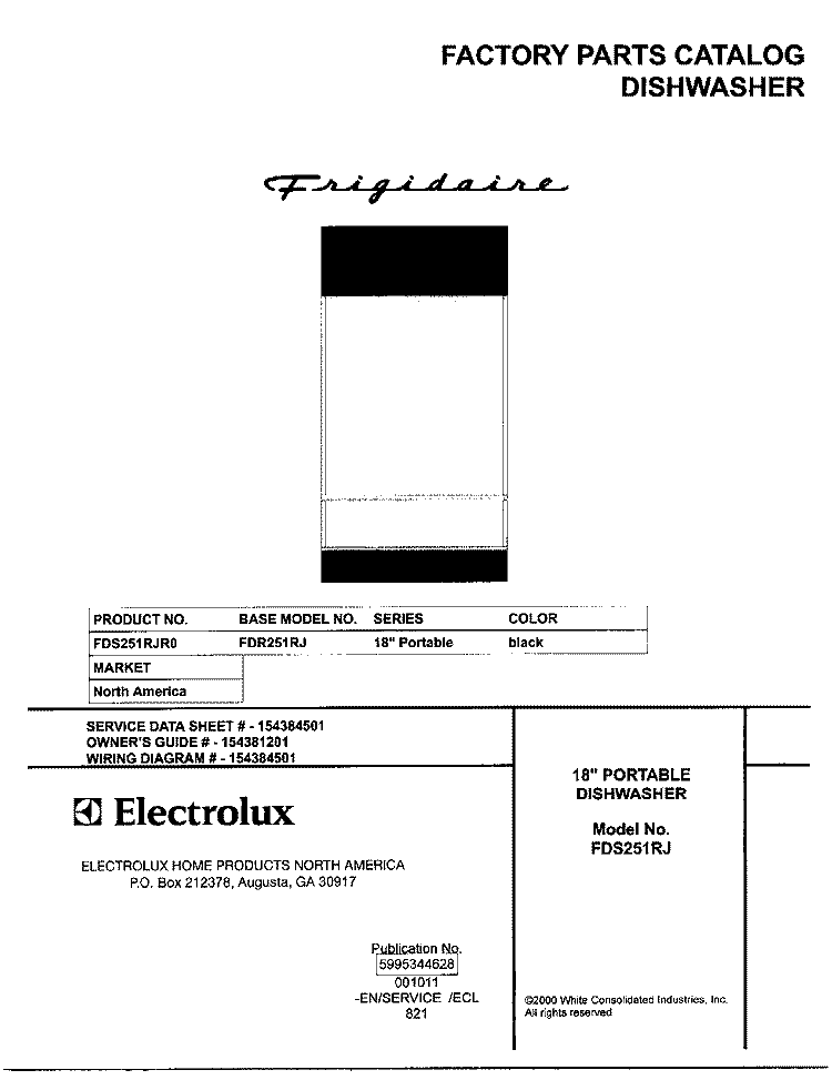 COVER Diagram and Parts List for FDS251RJR0  Frigidaire Dishwasher