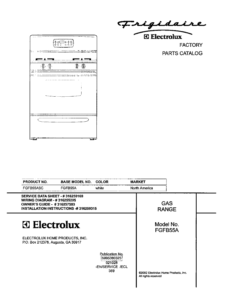 COVER Diagram and Parts List for FGFB55ASC  Frigidaire Range