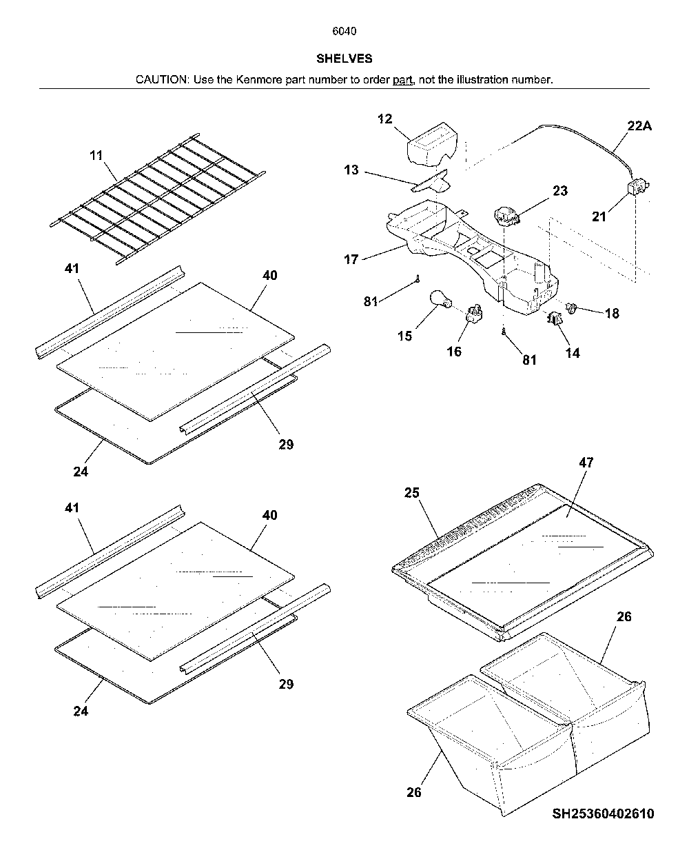 Shelves Diagram and Parts List for 25360409613  Kenmore Refrigerator