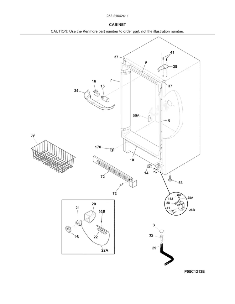 Cabinet Diagram and Parts List for 25321042411  Kenmore Freezer