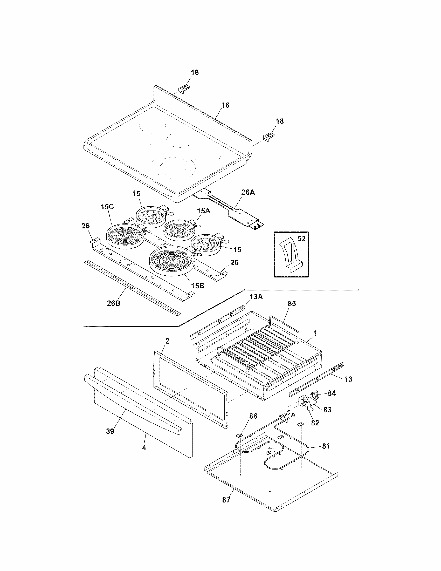 Top/drawer Diagram and Parts List for 79094249310  Kenmore Range