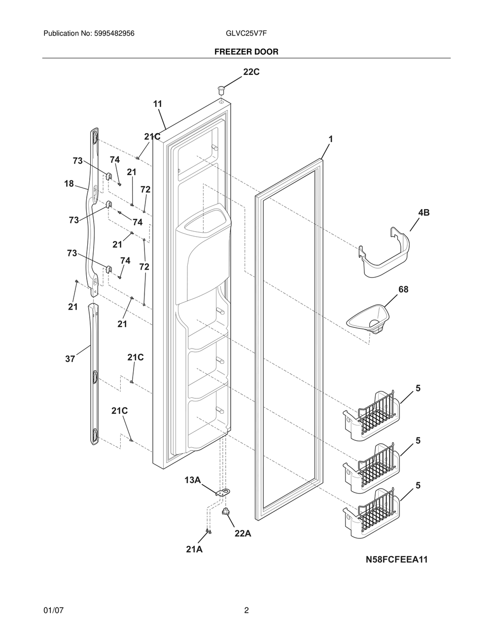 Freezer Door Diagram and Parts List for GLVC25V7FW2  Frigidaire Refrigerator