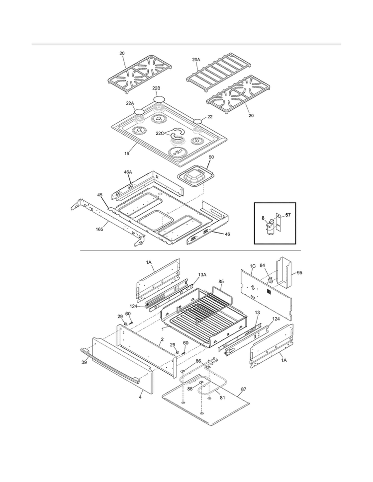 Main Top/drawer Diagram and Parts List for FPDS3085KFF  Frigidaire Range