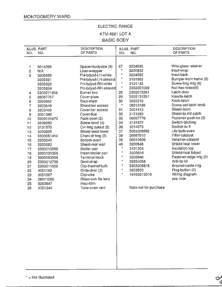 Basic Body Page 2 Diagram and Parts List for 4881  Frigidaire Range