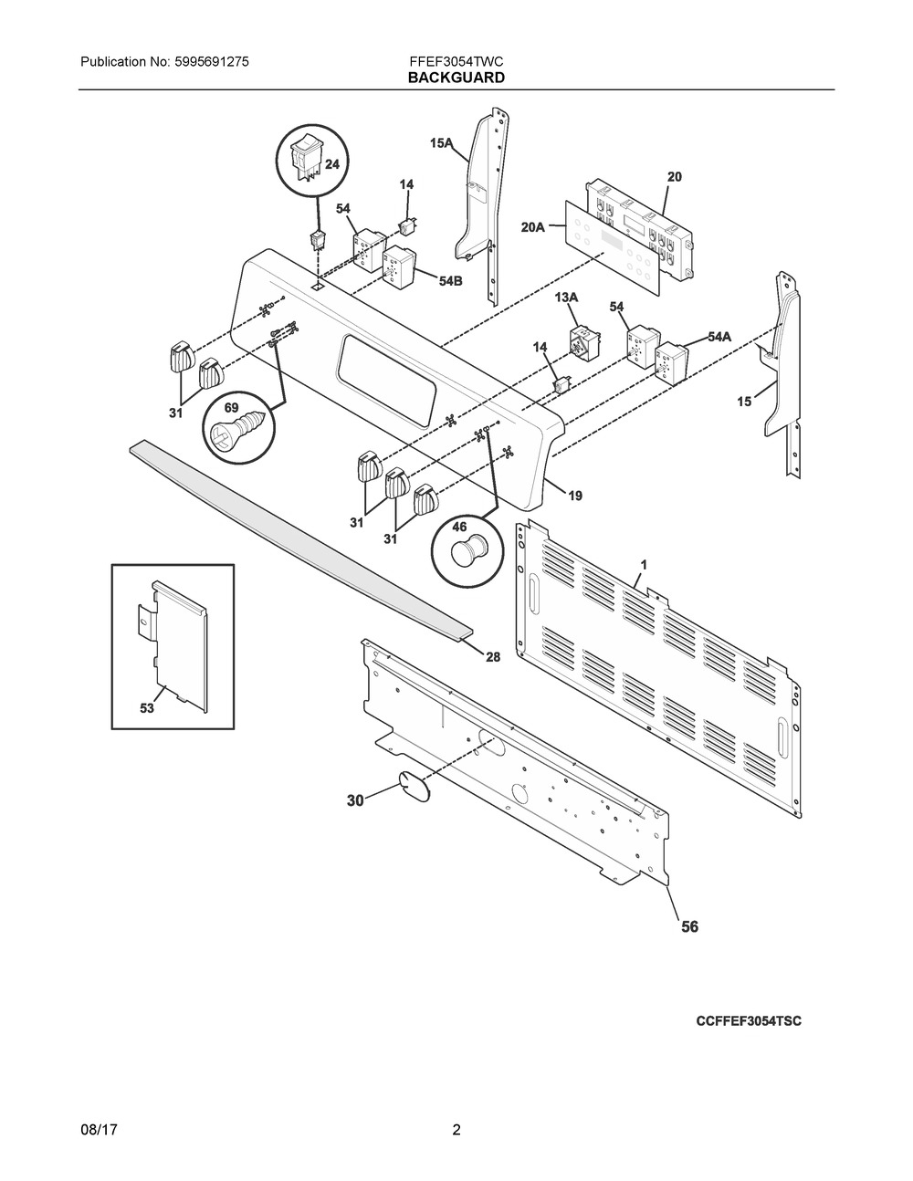 Backguard Diagram and Parts List for FFEF3054TWC  Frigidaire Range