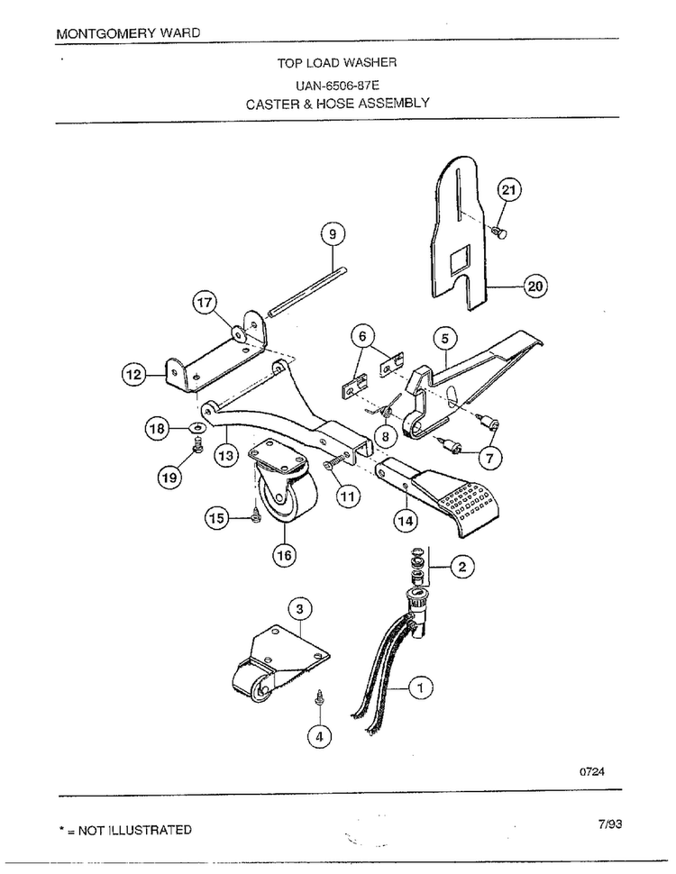 Top Load Washer/caster And Hose Assembly Diagram and Parts List for 6506-87E  Frigidaire Washer