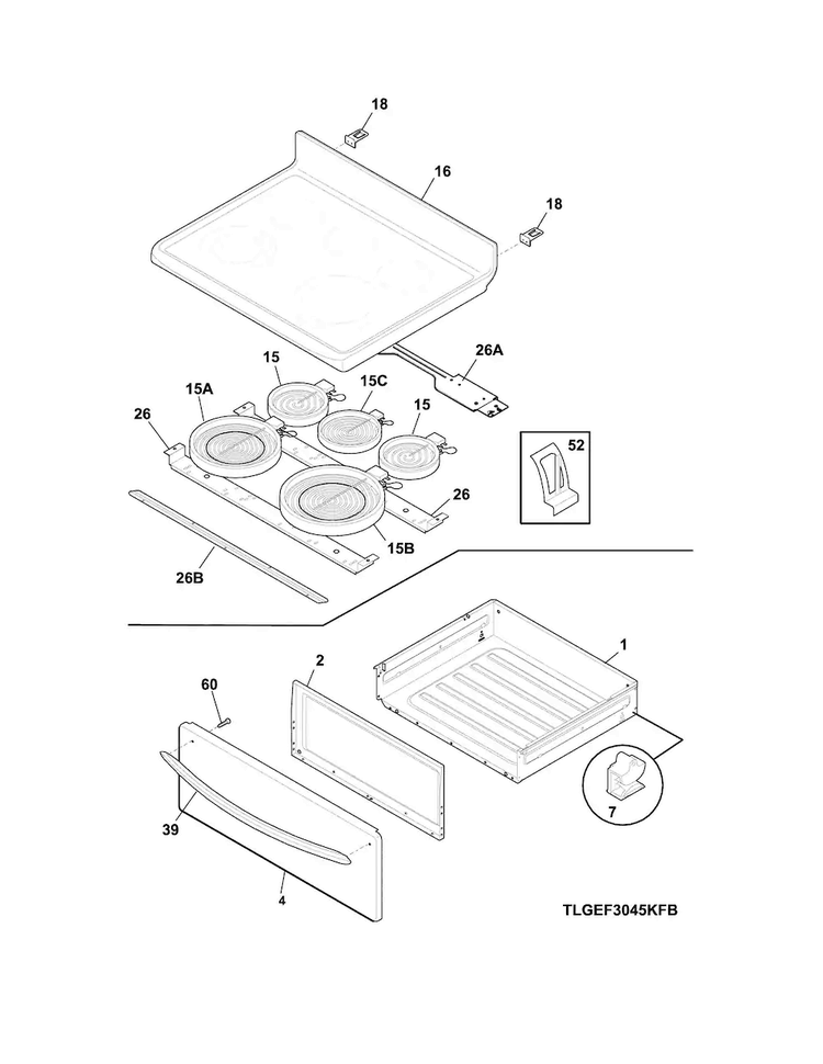 Top/drawer Diagram and Parts List for CGEF3058RFA  Frigidaire Range