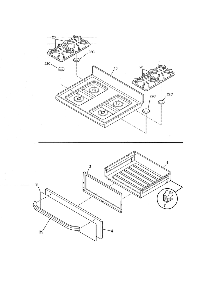 Top/drawer Diagram and Parts List for FFGF3051LSG  Frigidaire Range