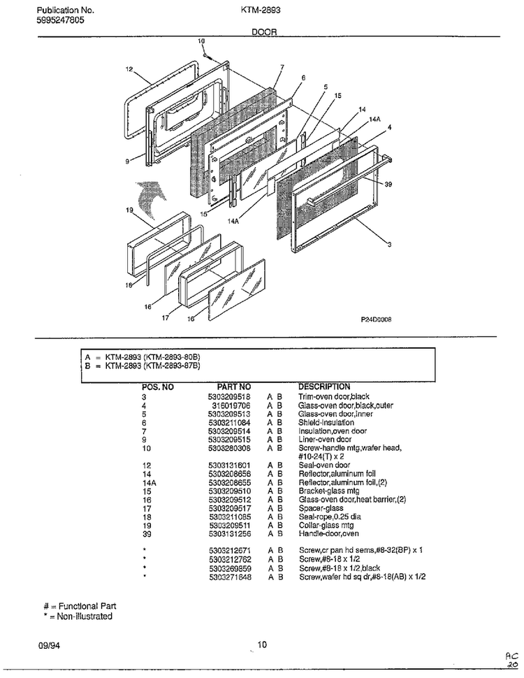 Door Diagram and Parts List for 2893-80B  Frigidaire Range