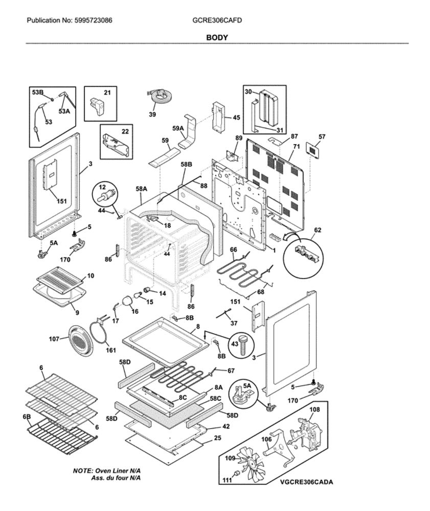 Body Diagram and Parts List for GCRE306CAFD  Frigidaire Range