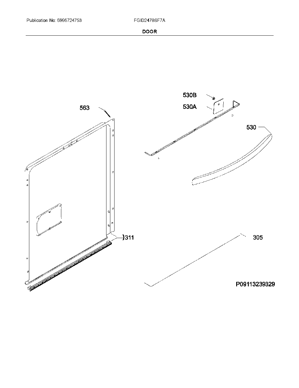 Door Diagram and Parts List for FGID2479SF7A  Frigidaire Dishwasher