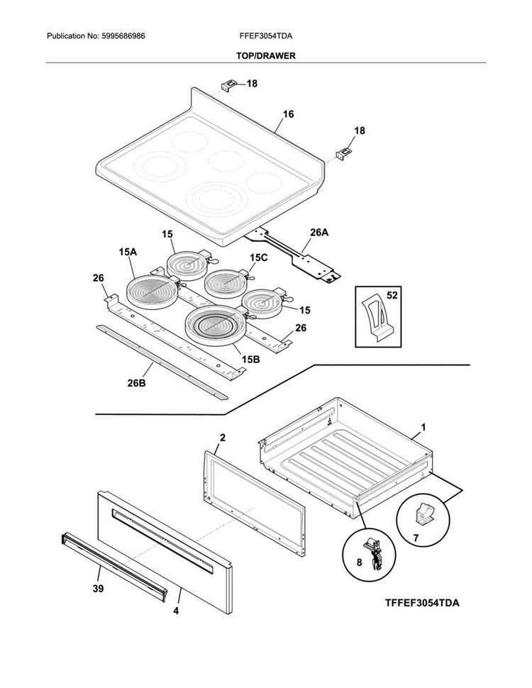 Top/drawer Diagram and Parts List for FFEF3054TDA  Frigidaire Range