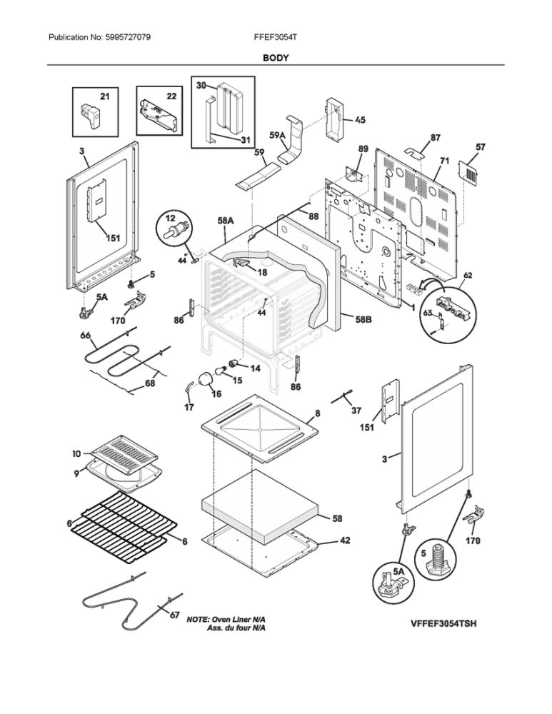 Body Diagram and Parts List for FFEF3054TBR  Frigidaire Range