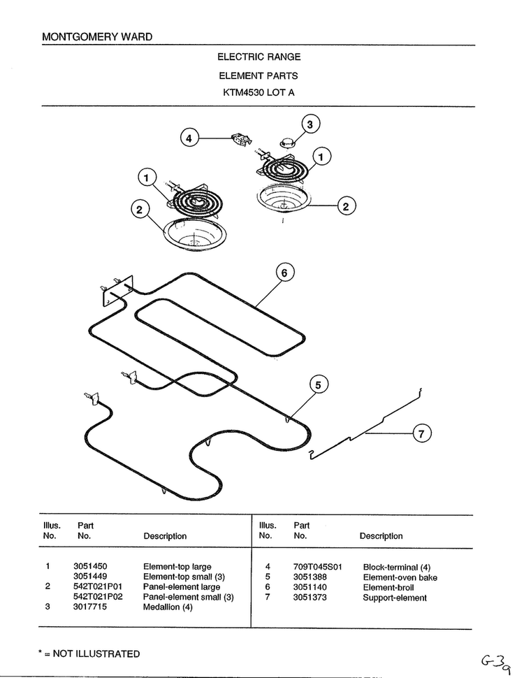 Range Elements Diagram and Parts List for 4530A  Frigidaire Range