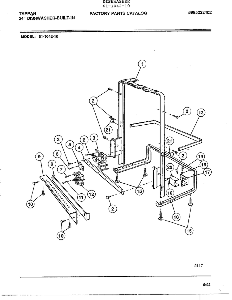 24" Built-in Dishwasher Page 9 Diagram and Parts List for 61-1042-10  Tappan Dishwasher