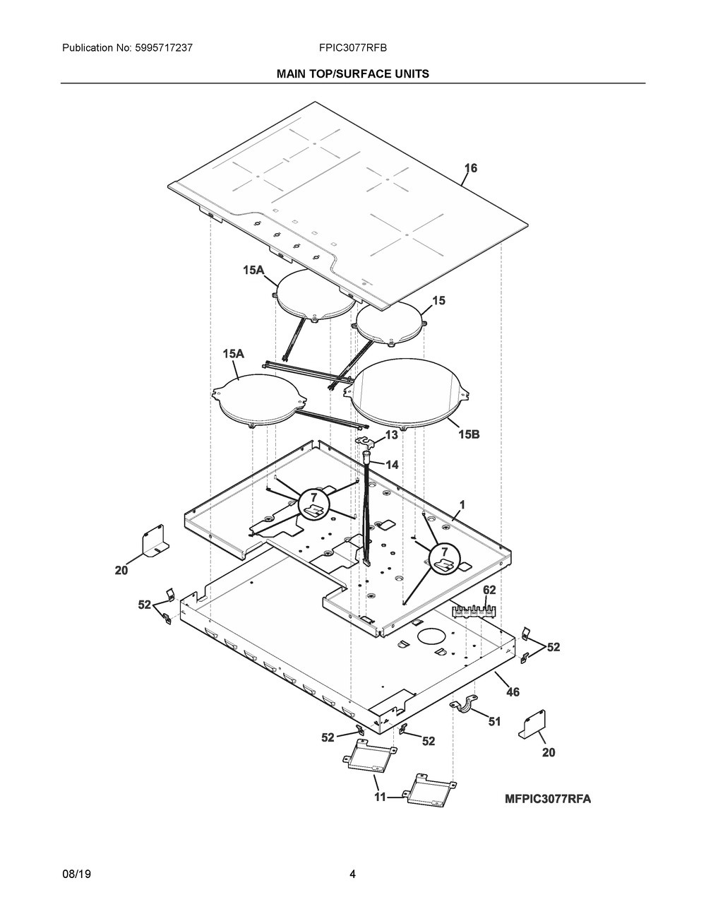 Main Top/surface Units Diagram and Parts List for FPIC3077RFB  Frigidaire Cooktop