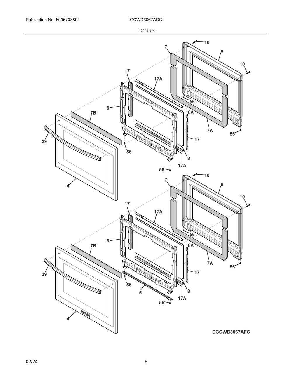 Doors Diagram and Parts List for GCWD3067ADC  Frigidaire Wall Oven