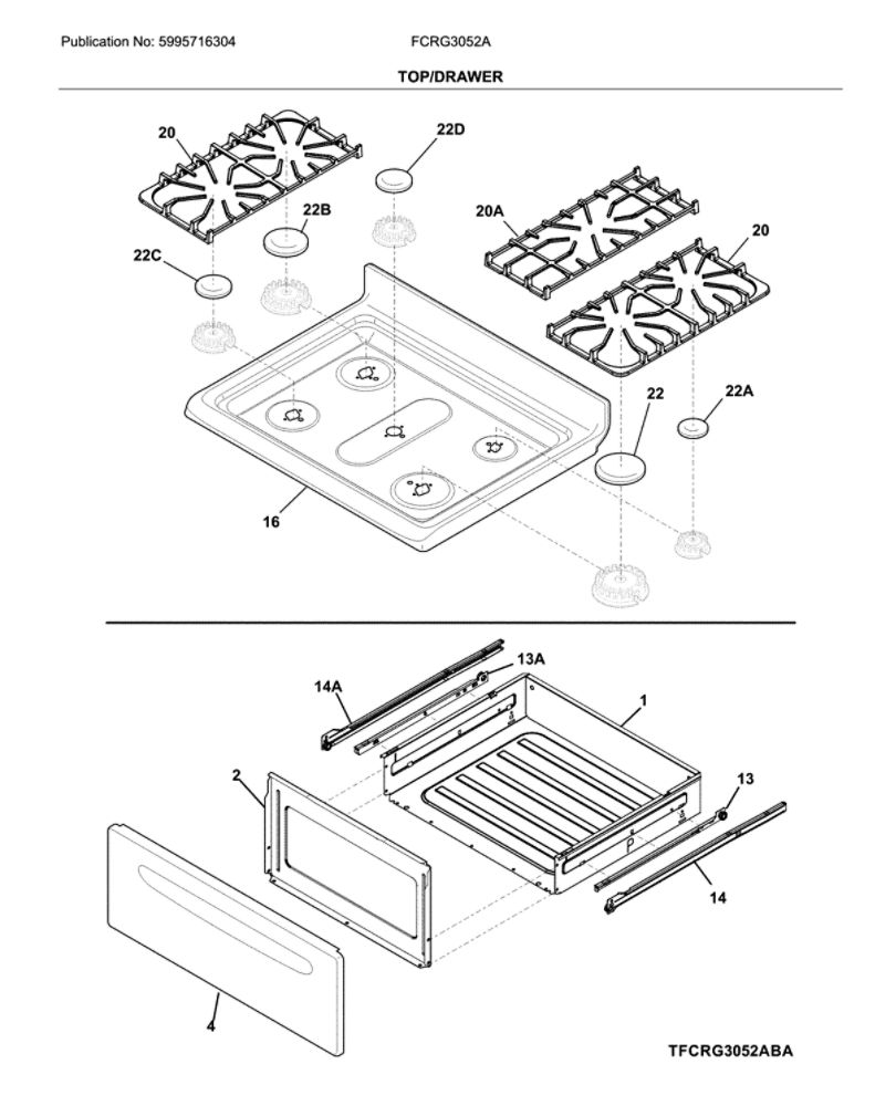 Top/Drawer Diagram and Parts List for FCRG3052ABA  Frigidaire Range