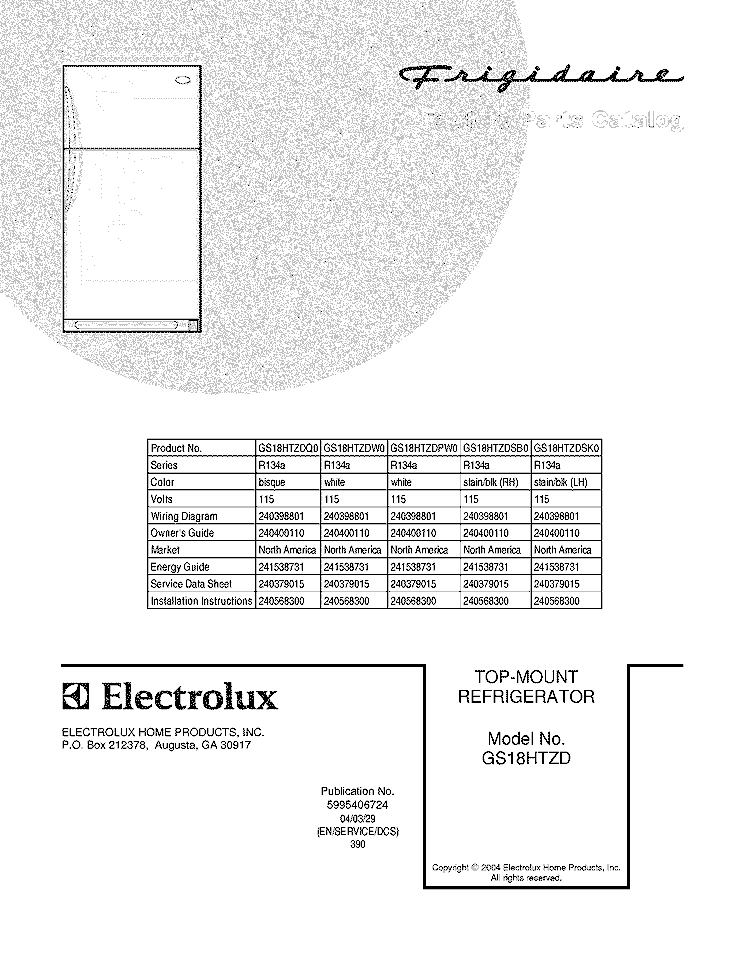 COVER Diagram and Parts List for GS18HTZDSK0  Frigidaire Refrigerator