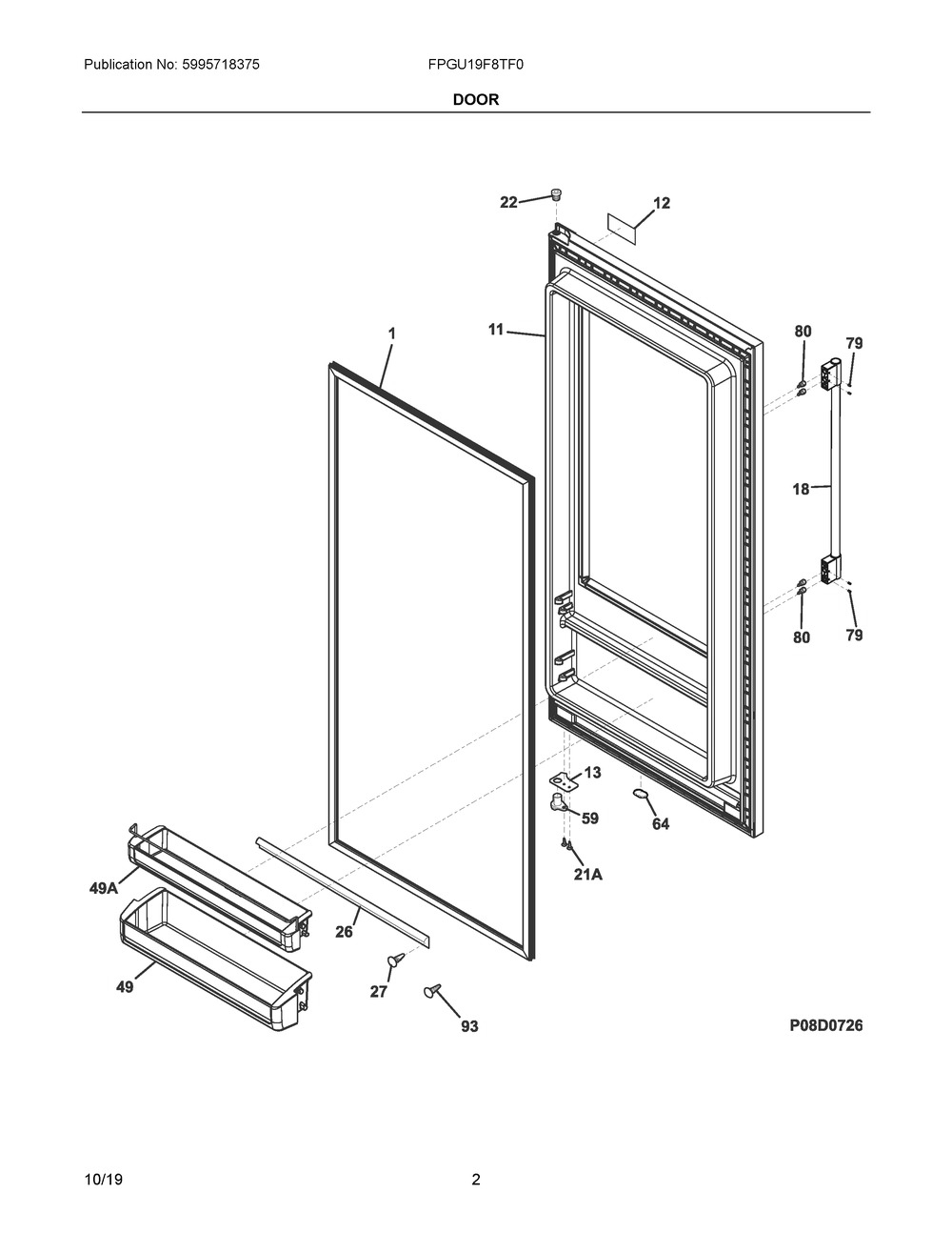 Door Diagram and Parts List for FPGU19F8TF0  Frigidaire Refrigerator