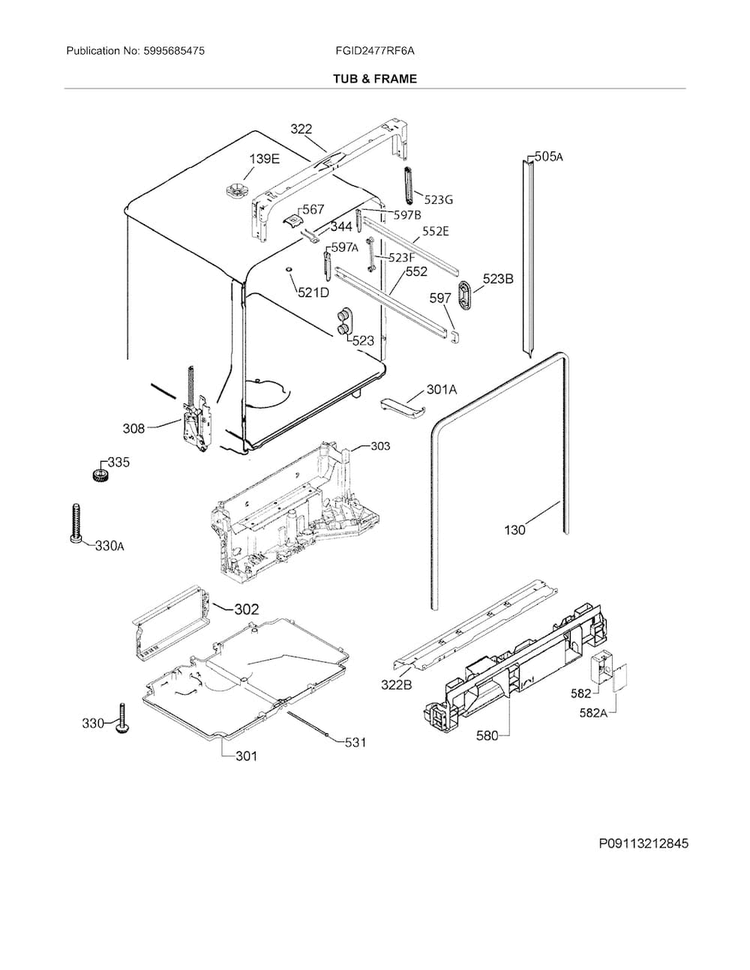 Tub & Frame Diagram and Parts List for FGID2477RF6A  Frigidaire Dishwasher