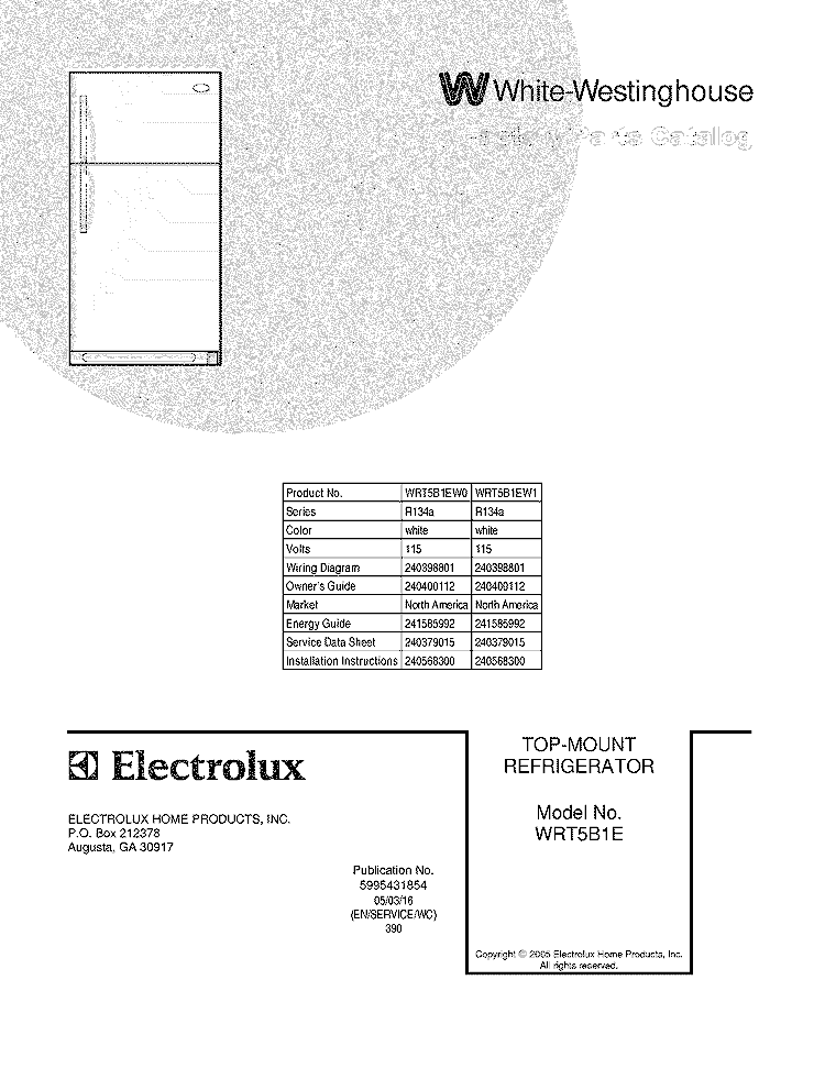 COVER Diagram and Parts List for WRT5B1EW1  Westinghouse Refrigerator