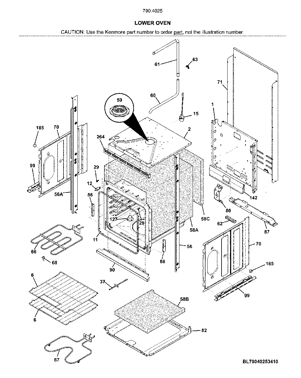 Lower oven Diagram and Parts List for 79040253413  Kenmore Wall Oven