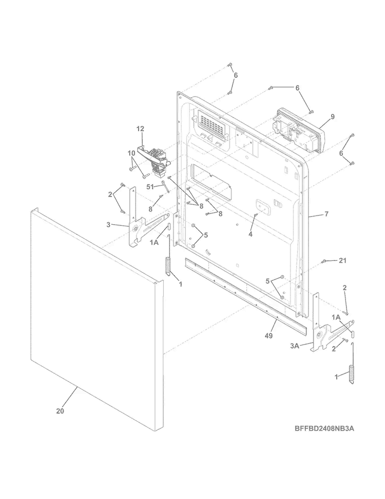 Door Diagram and Parts List for FFBD2406NB5A  Frigidaire Dishwasher