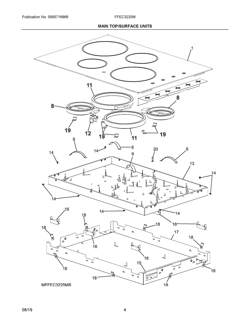 Main Top/surface Units Diagram and Parts List for FFEC3225MBB  Frigidaire Cooktop