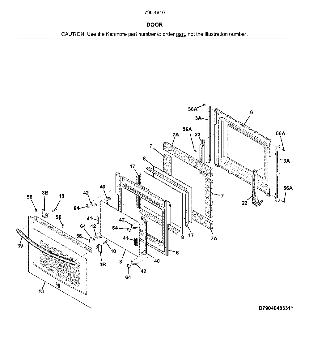 Door Diagram and Parts List for 79049403316  Kenmore Wall Oven