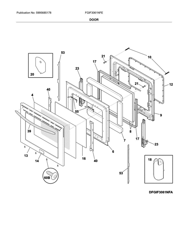 Door Diagram and Parts List for FGIF3061NFE  Frigidaire Range