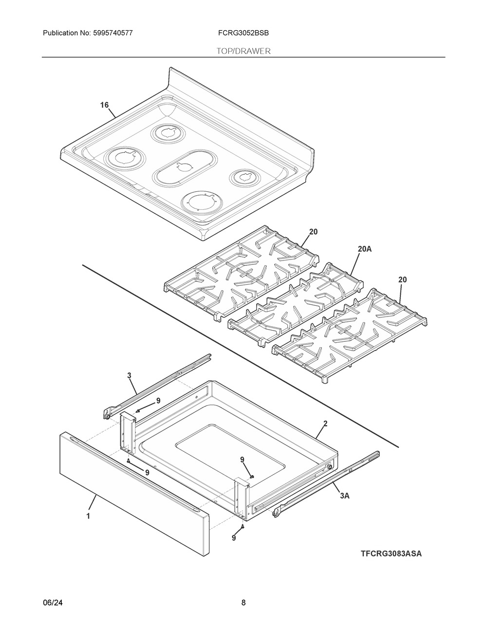 Top/Drawer Diagram and Parts List for FCRG3052BSB  Frigidaire Range