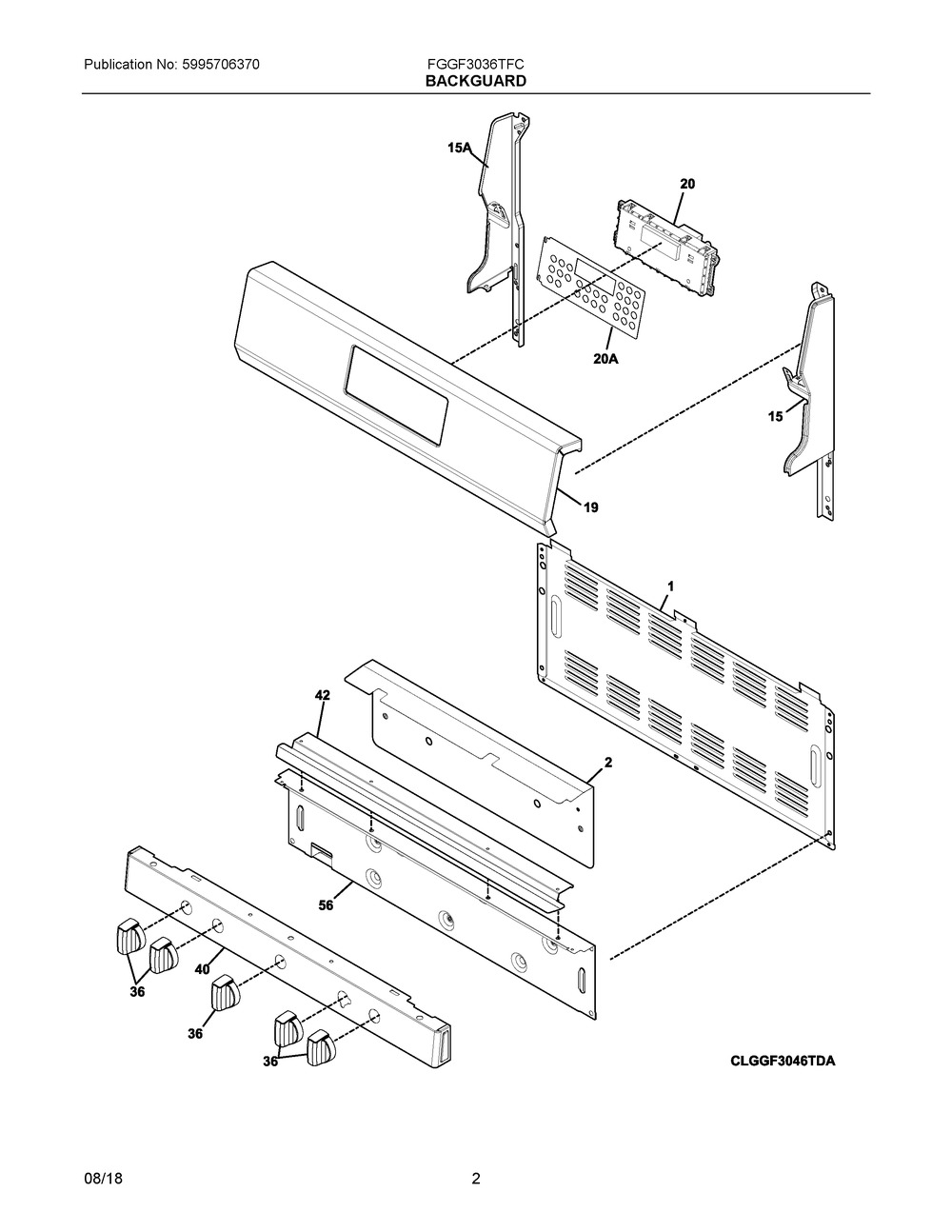 Backguard Diagram and Parts List for FGGF3036TFC  Frigidaire Range