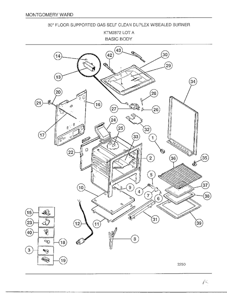 Basic Body Diagram and Parts List for 2872A  Frigidaire Range