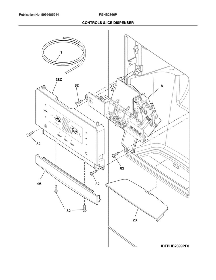 Controls & Ice Dispenser Diagram and Parts List for FGHB2866PPFA  Frigidaire Refrigerator
