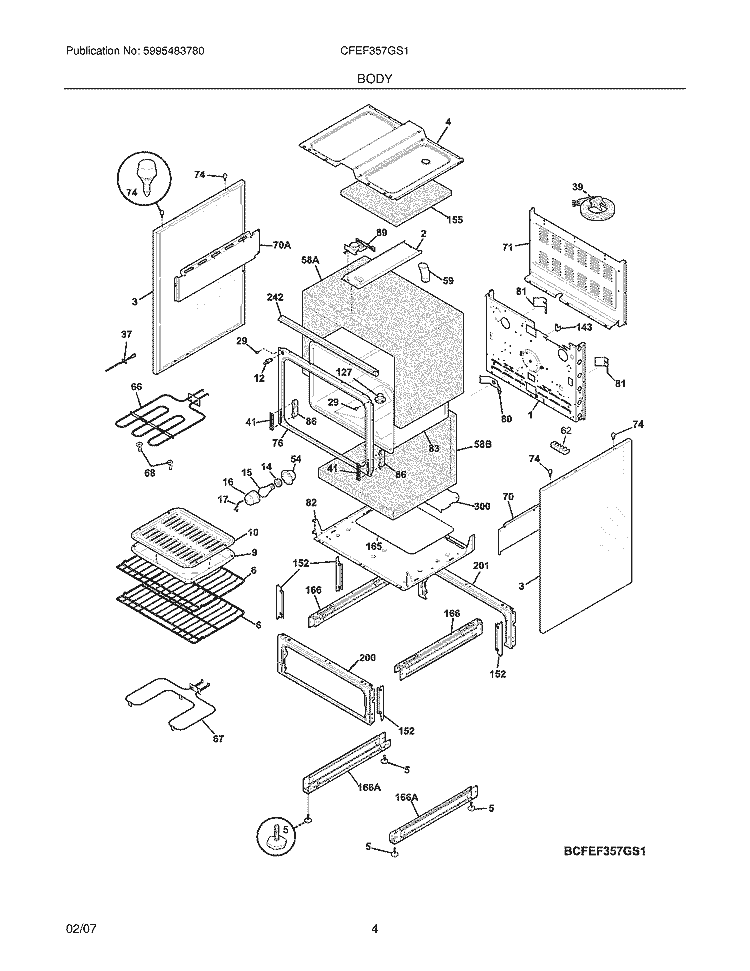 BODY Diagram and Parts List for CFEF357GS1  Frigidaire Range