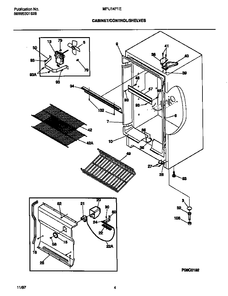 CABINET / CONTROL / SHELVES Diagram and Parts List for MFU14F1EW2  Frigidaire Freezer