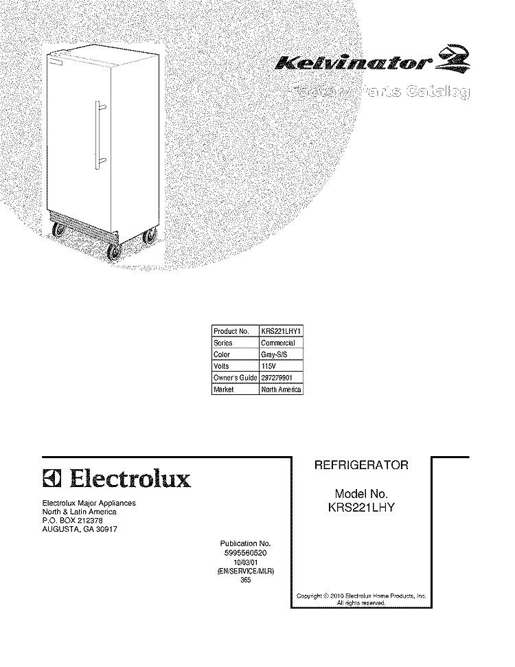 COVER Diagram and Parts List for KRS221LHY1  Kelvinator Refrigerator