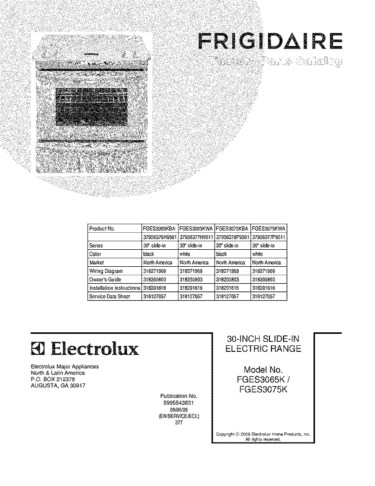 COVER Diagram and Parts List for FGES3075KBA  Frigidaire Range