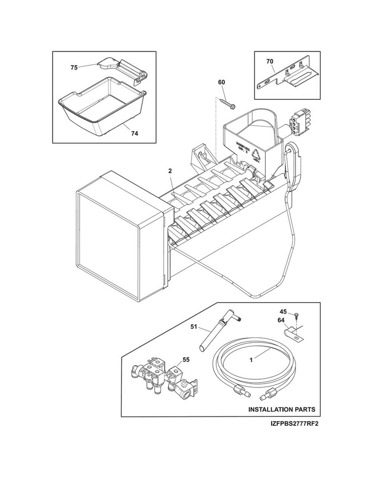 Freezer Ice Maker Diagram and Parts List for FPBS2777RF3  Frigidaire Refrigerator