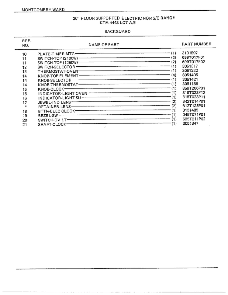 30" Floor/backguard Page 2 Diagram and Parts List for 4448B  Frigidaire Range