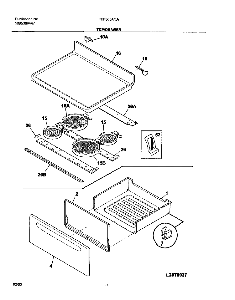 TOP / DRAWER Diagram and Parts List for FEF365AQA  Frigidaire Range