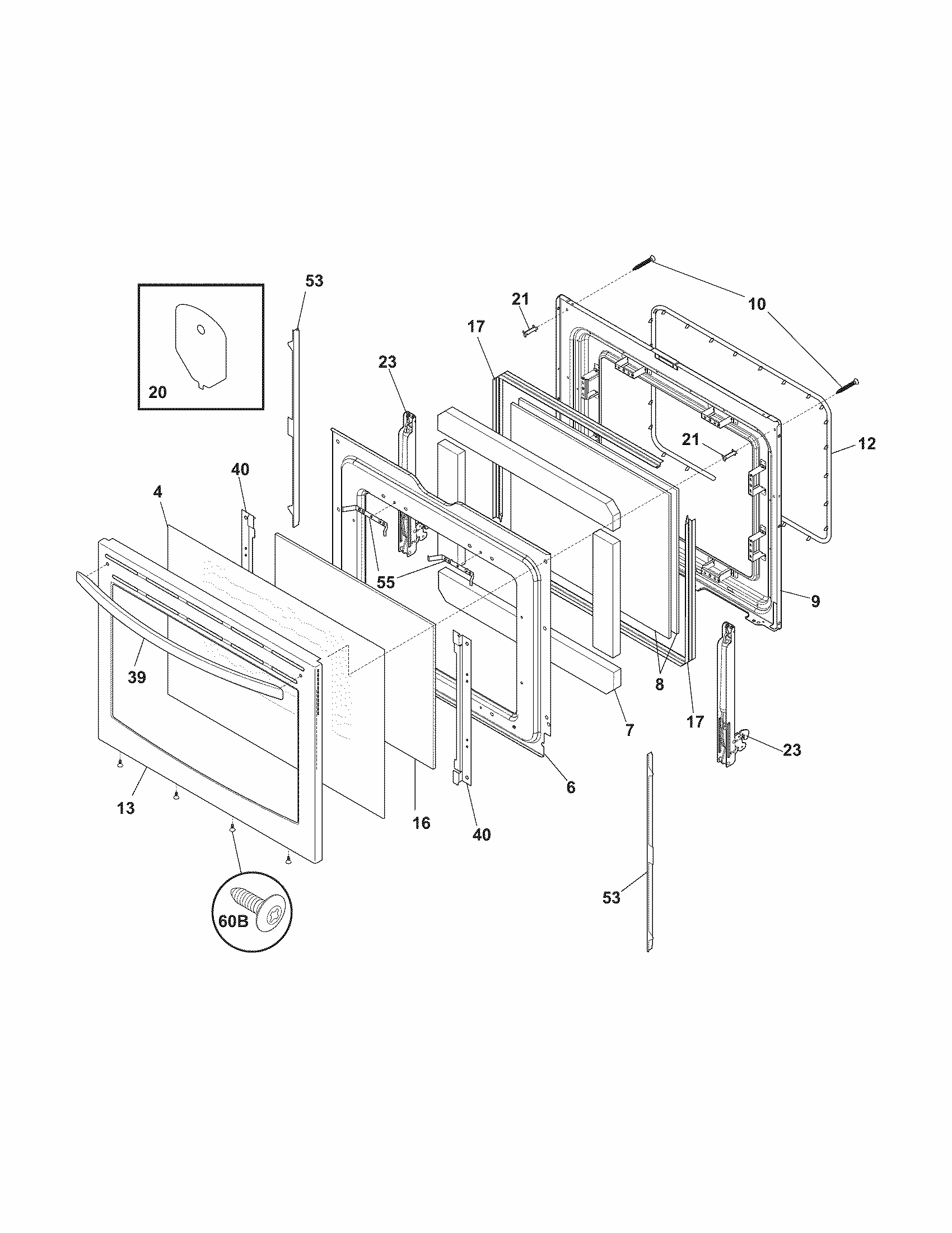 Door Diagram and Parts List for 79092903016  Kenmore Range